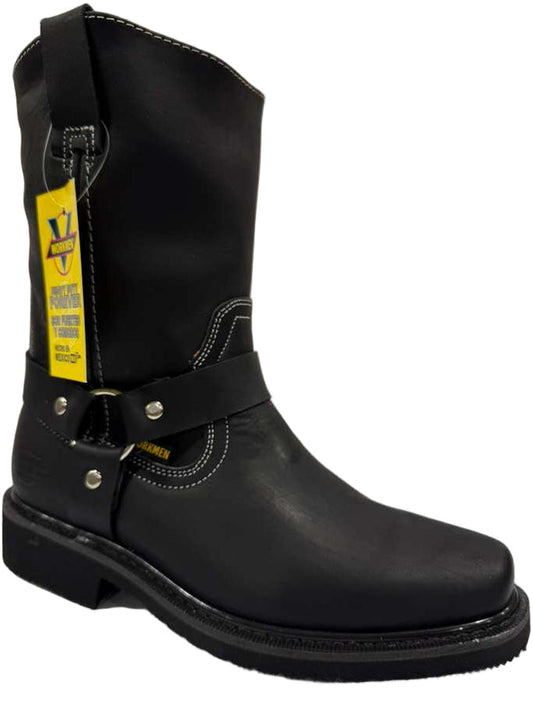 Men's Work Boots E-126 Biker Leather Boots Black Square Toe