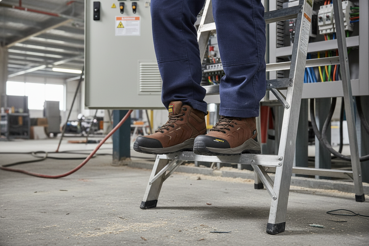Electricista usando botas CARIBU - vista de rodillas hacia abajo