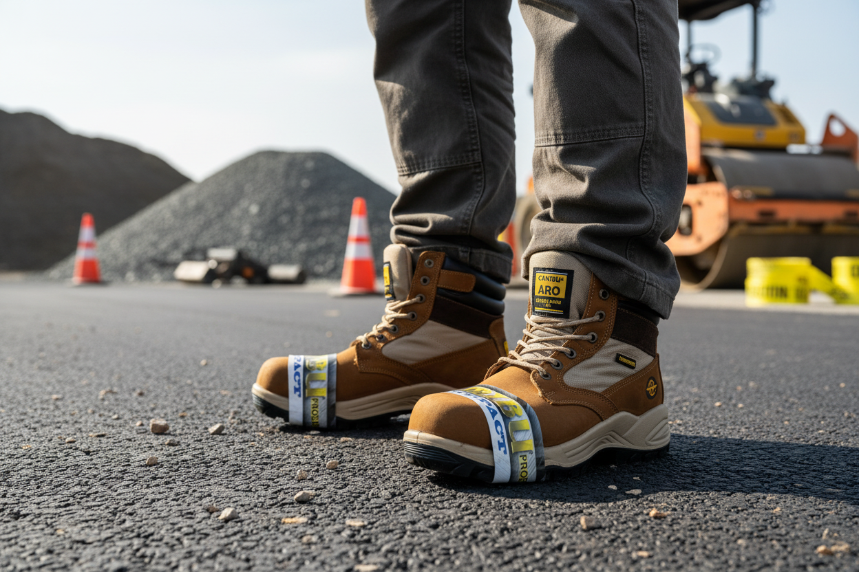 Hombre trabajando en carretera - vista de rodillas para abajo