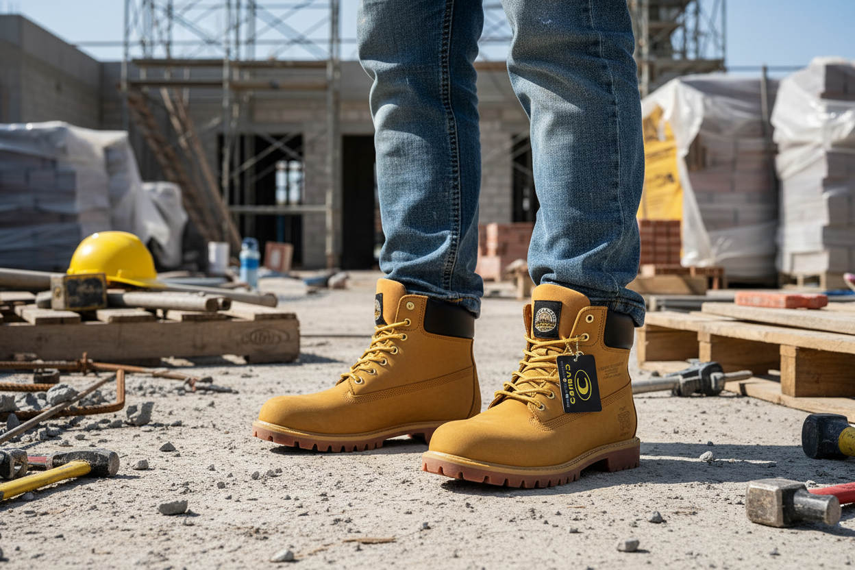 Hombre usando botas en construcción