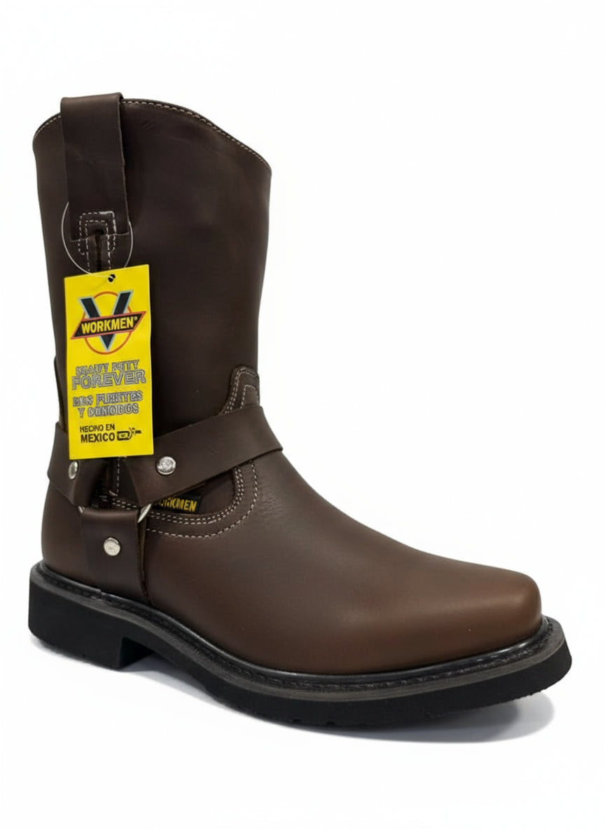 Men's Work Boots E-126 Biker Brown Work Boots, Square Toe