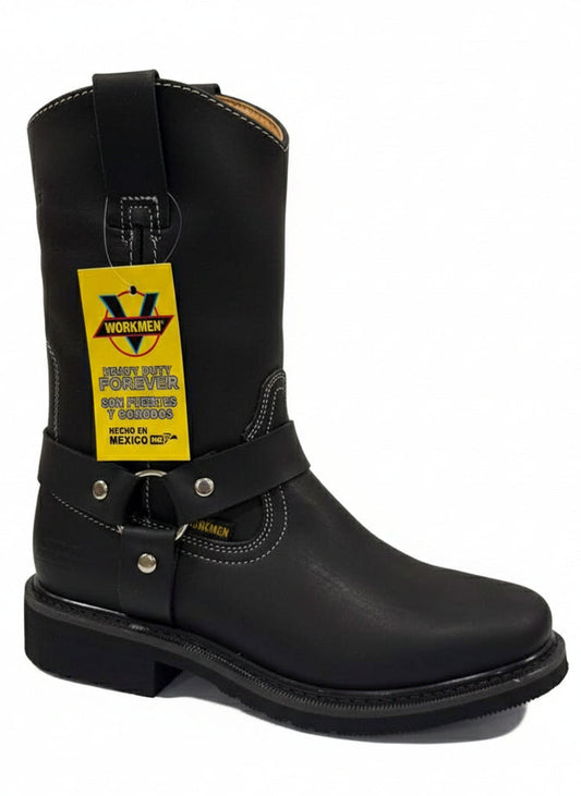 Men's Work Boots E-126 Biker Leather Boots Black Square Toe