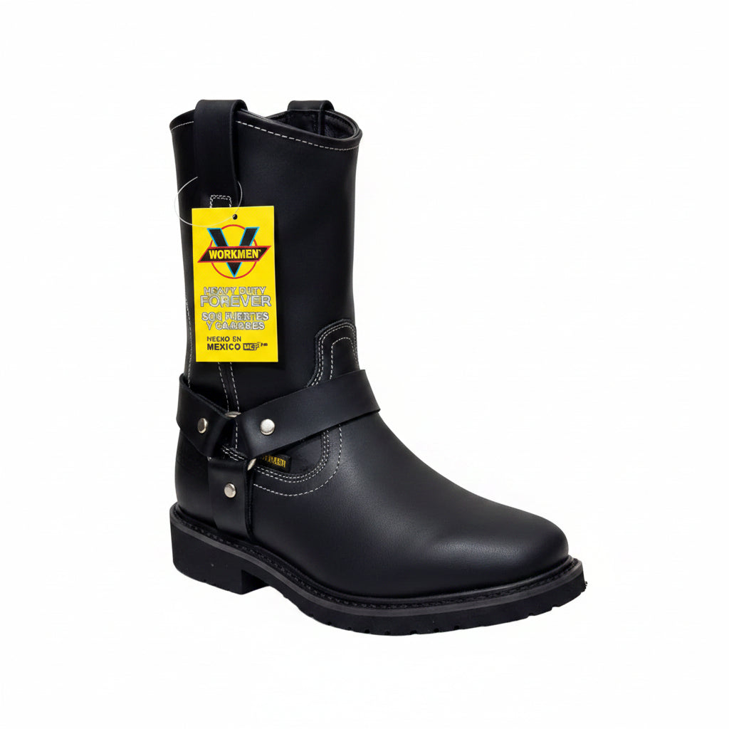Men's Work Boots E-126 Biker Leather Boots Black Square Toe