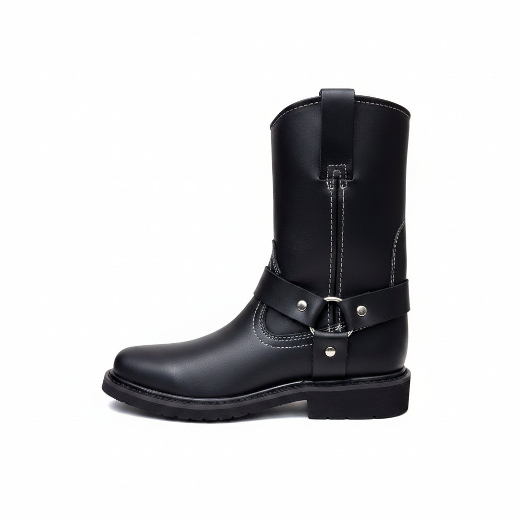 Men's Work Boots E-126 Biker Leather Boots Black Square Toe