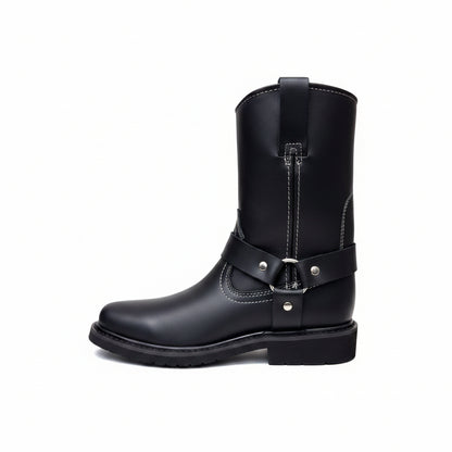 Men's Work Boots E-126 Biker Leather Boots Black Square Toe
