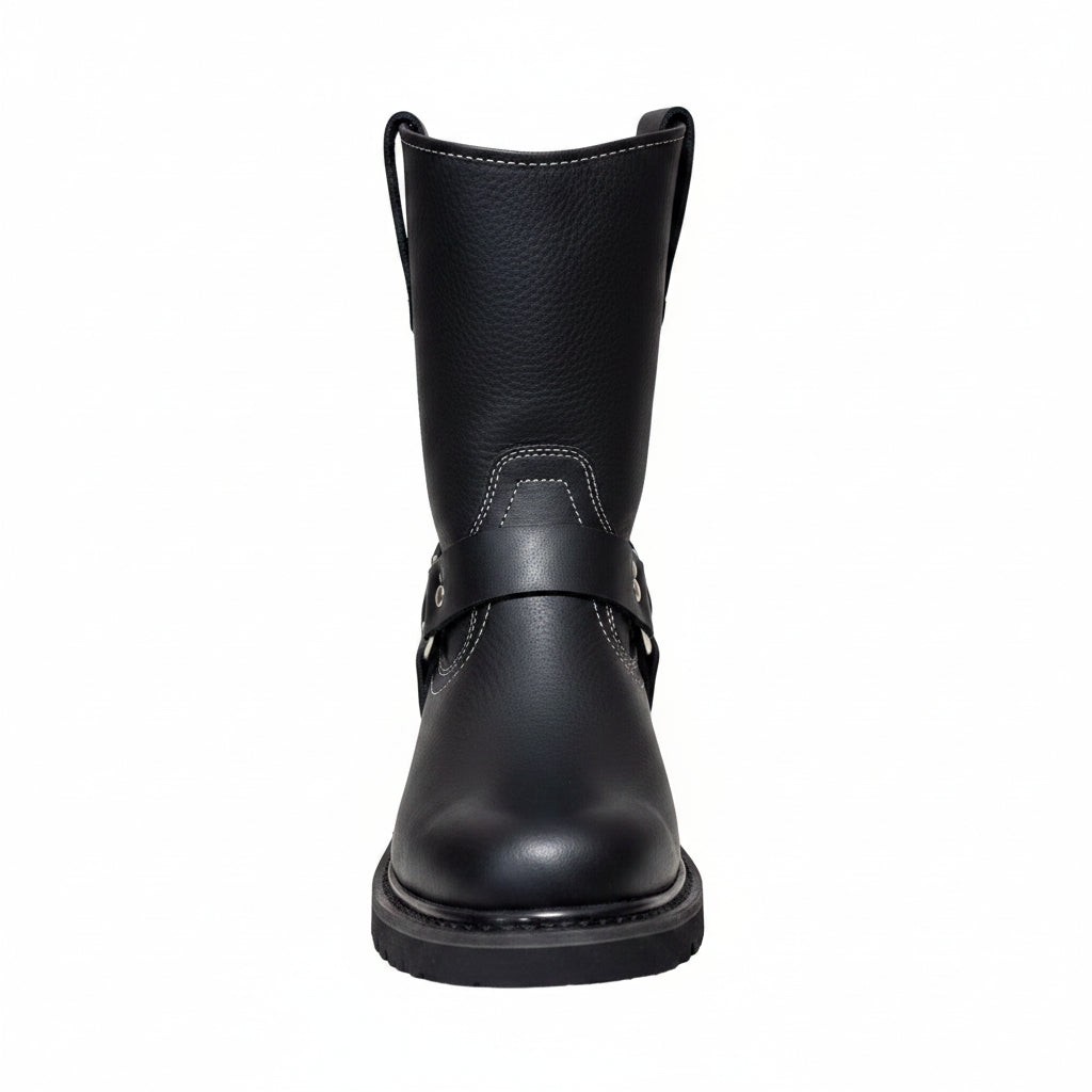 Men's Work Boots E-126 Biker Leather Boots Black Square Toe