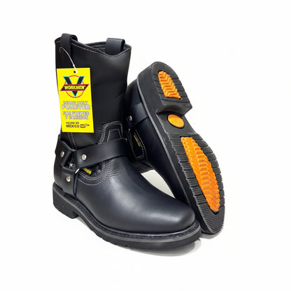 Men's Work Boots E-126 Biker Leather Boots Black Square Toe