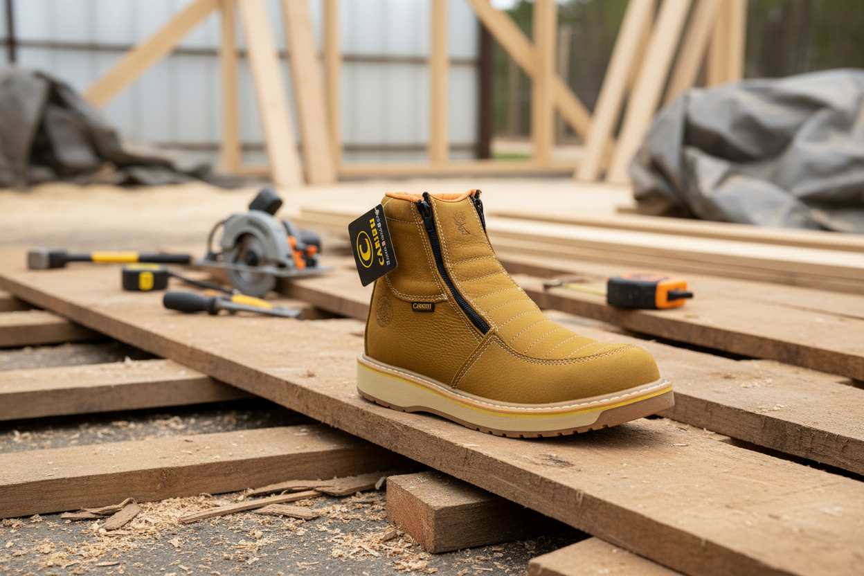 Botas CARIBU sobre maderas en sitio de trabajo