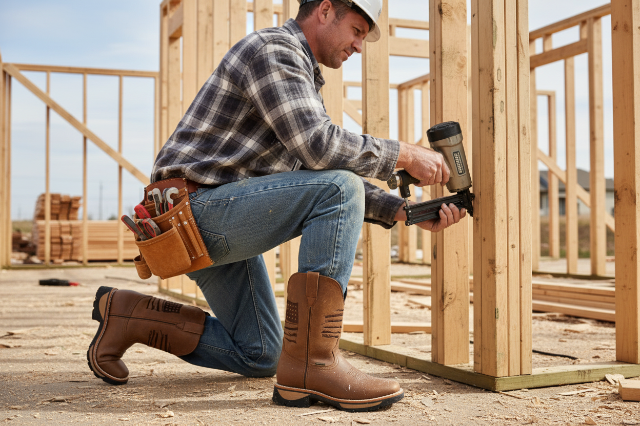 Hombre trabajando en framing con botas