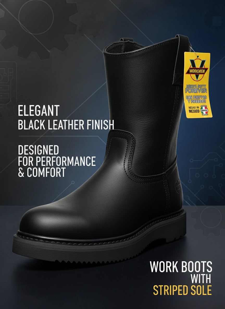 Men's Work Boots E-715 Black Round Toe Work Boots With Striped Sole