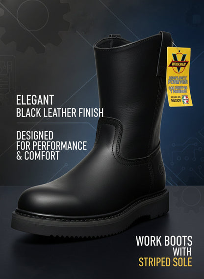 Men's Work Boots E-715 Black Round Toe Work Boots With Striped Sole